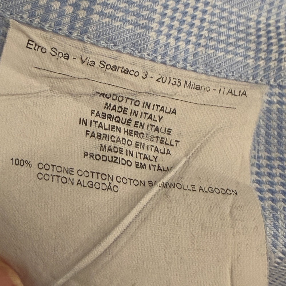 ETRO‎ Luxury Dress Shirt 46 Blue Textured Micro-Check Contrast Spread Collar - Picture 10 of 12